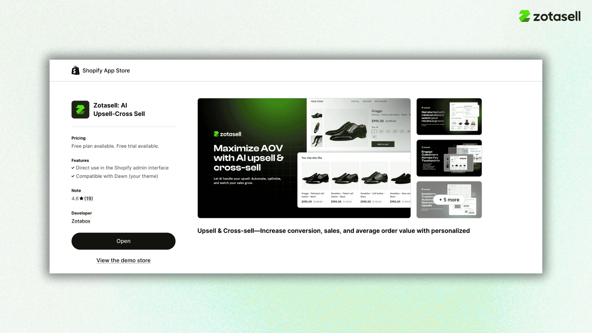 Zotasell AI Upsell and Cross-Sell app on Shopify App Store – increase AOV and conversions